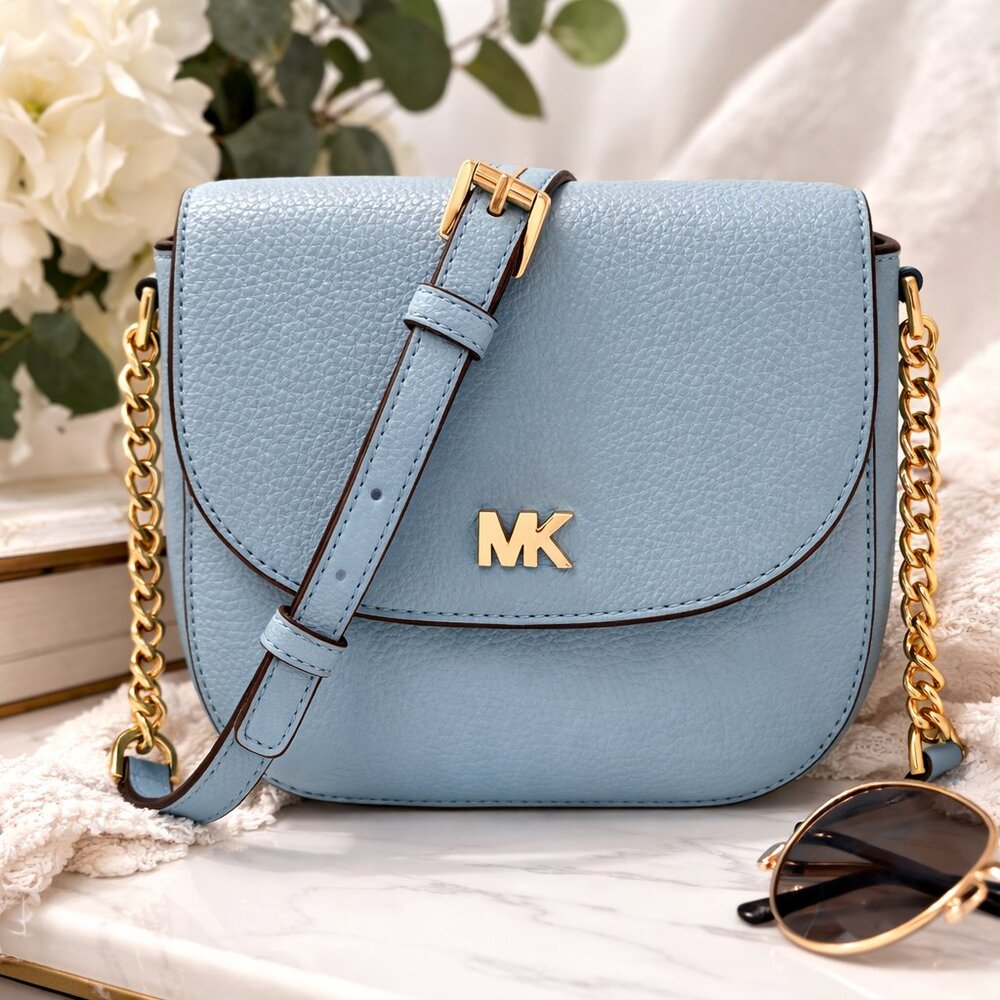 Michael Kors Pebbled Leather Half Dome Crossbody Bag Blue Gold Chain Strap